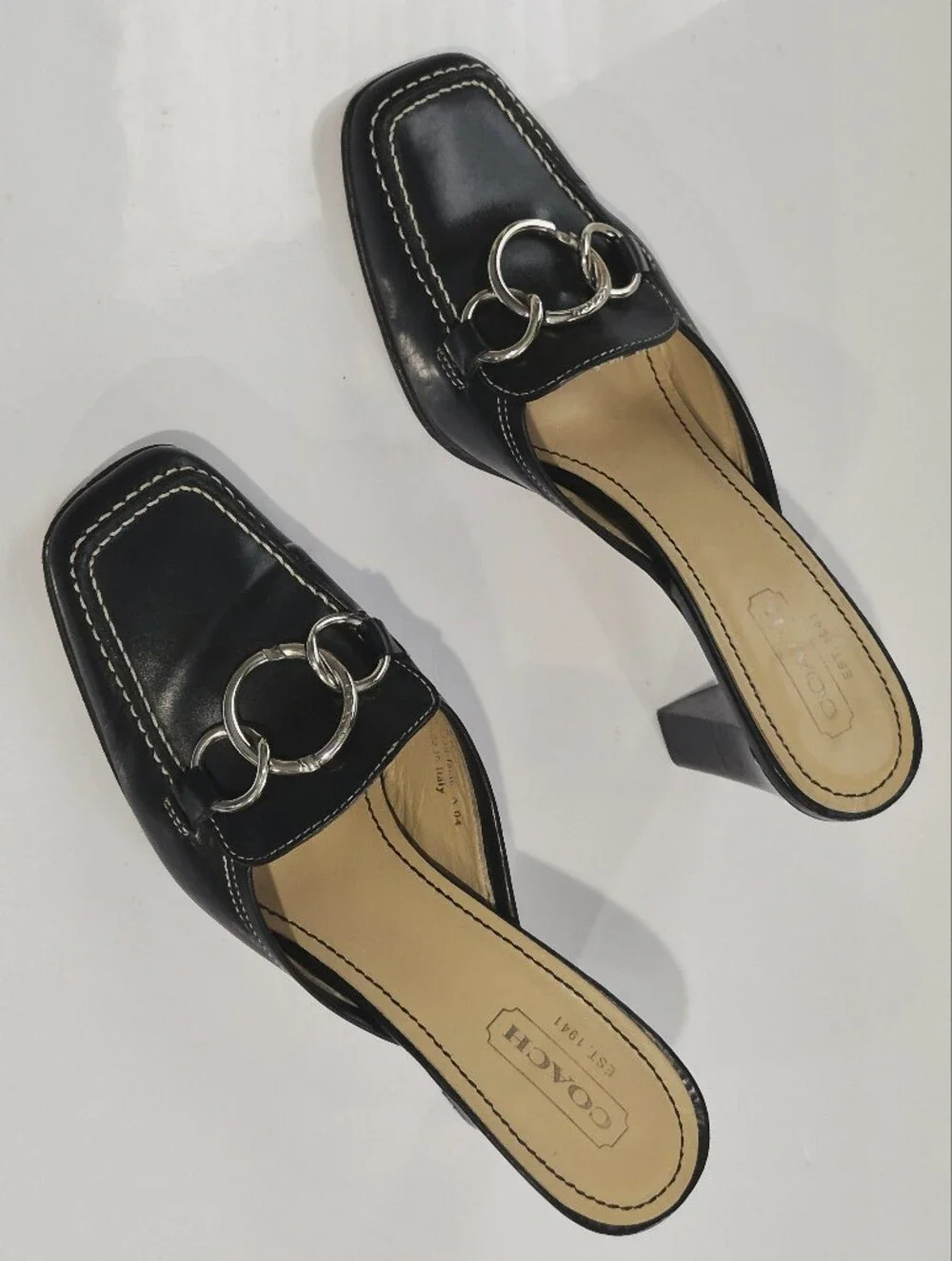 Coach Jacie Vintage Black Leather Ring-Detail Mule Heels Size 8B